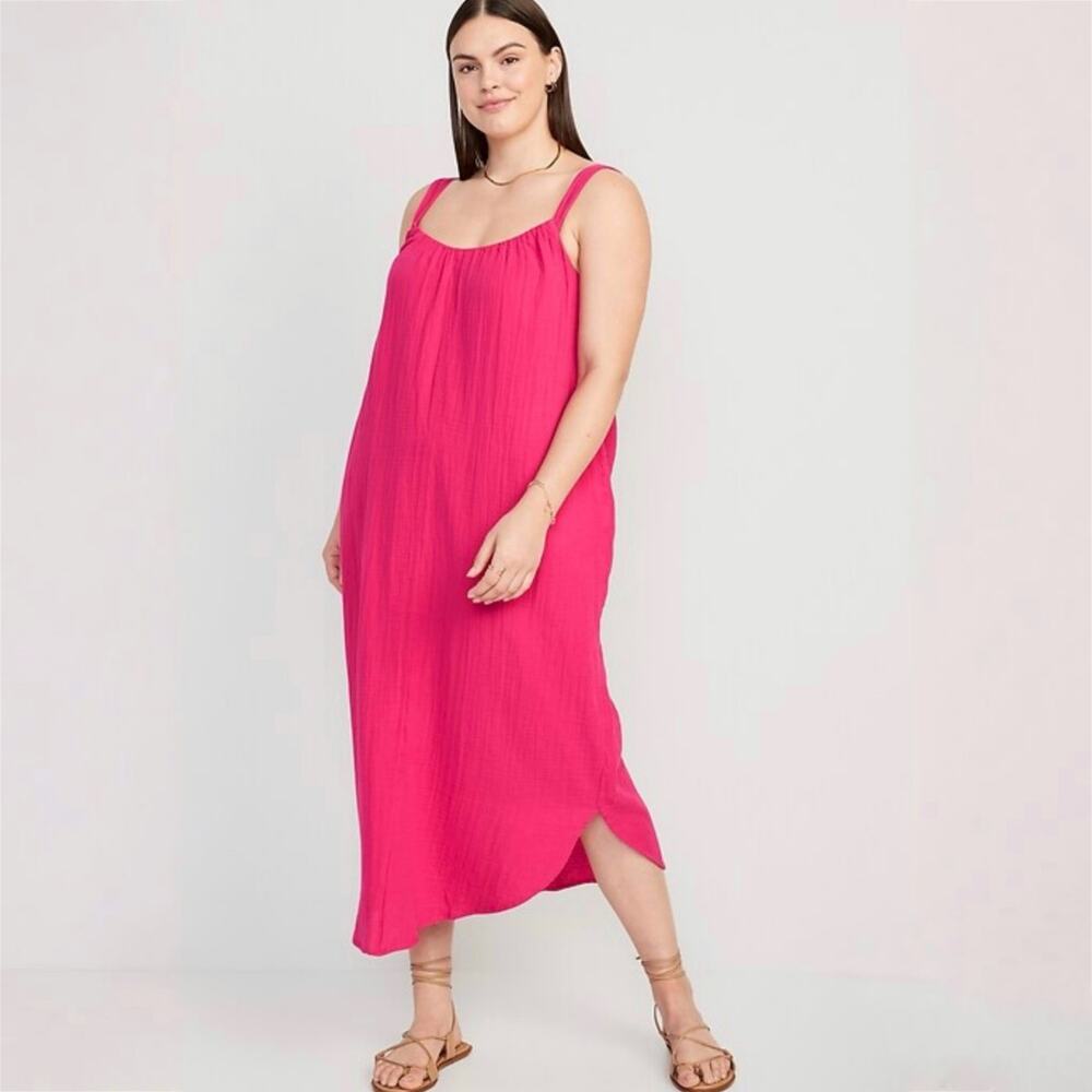 Old Navy Pink Gauze Shirred Midi Dress Adjustable Strap Women's Size XXL